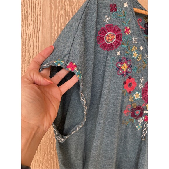 Johnny Was RELAXED Tunic Shirt Teal Floral Size M Cotton Two Sided Flowy Boho - Picture 3 of 8